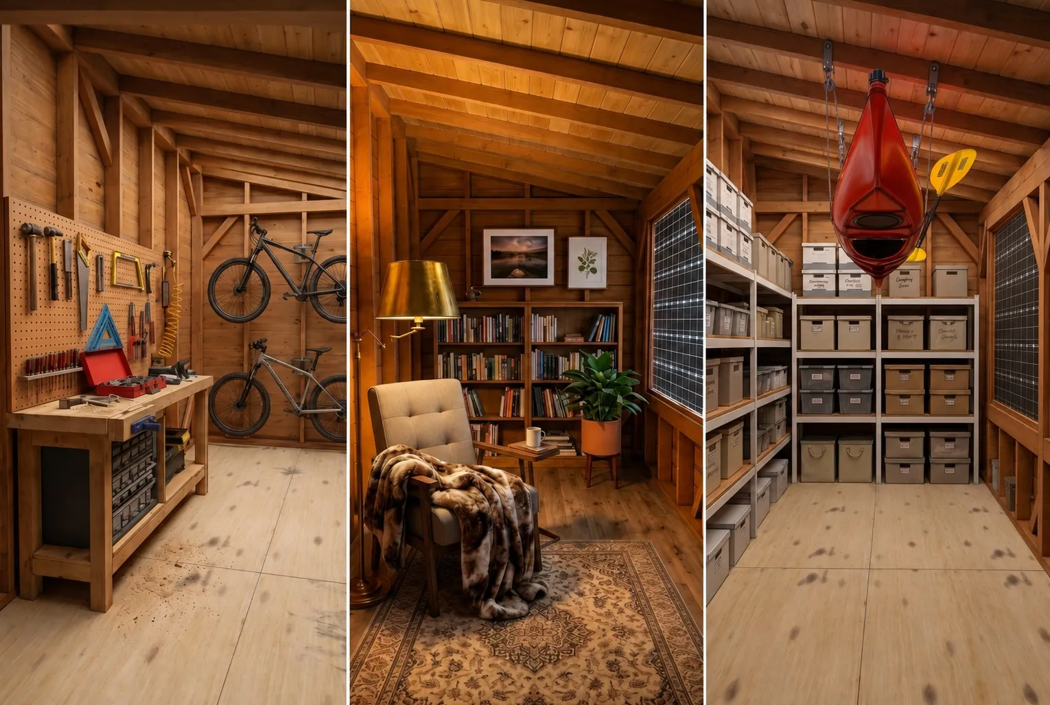 Three Sunshed interiors — a workshop, a reading studio, and organized storage